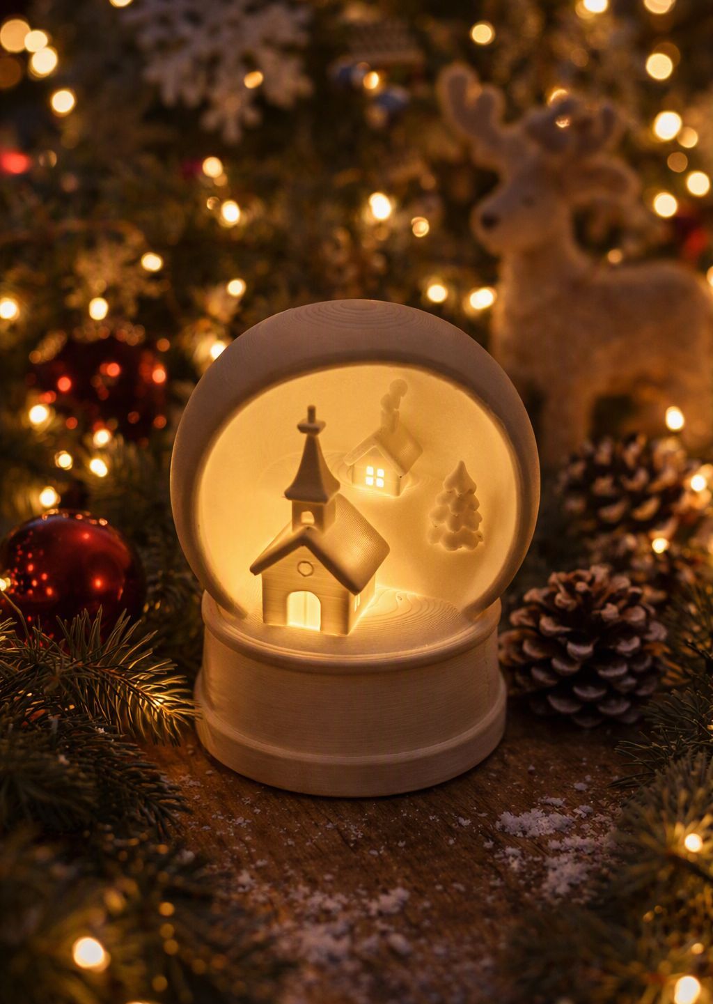 Schneekugel Deko – Winterdorf mit Kirche – 3D‑Druck – verschiedene Farben – LED‑Teelicht geeignet