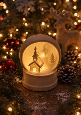 Schneekugel Deko – Winterdorf mit Kirche – 3D‑Druck – verschiedene Farben – LED‑Teelicht geeignet