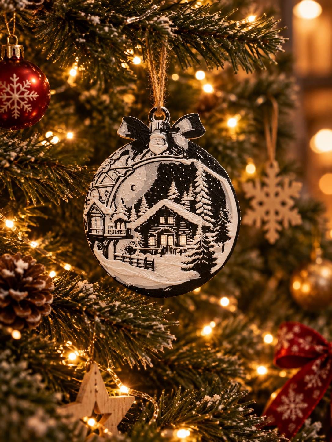 Weihnachtsanhänger – Winterlandschaft mit Häusern & Mond – 3D‑Druck