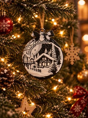 Weihnachtsanhänger – Winterlandschaft mit Häusern & Mond – 3D‑Druck