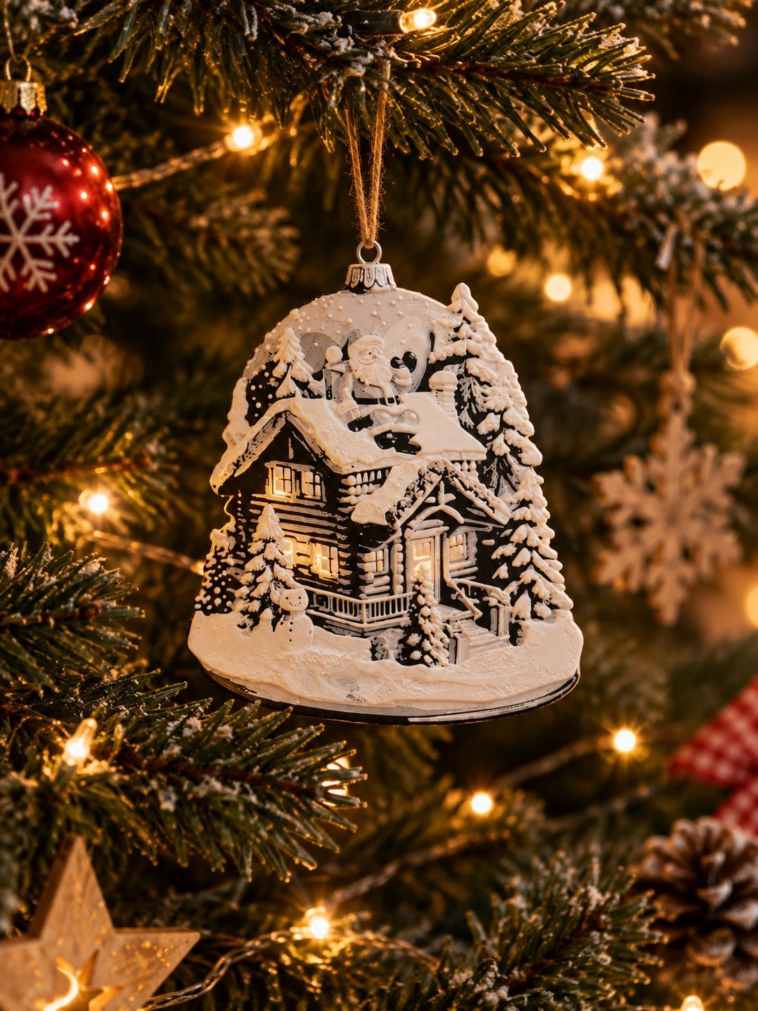 Weihnachtsanhänger – Winterhütte mit Schneemann – Glockenform – 3D‑Druck