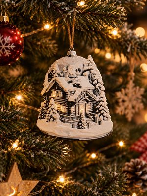 Weihnachtsanhänger – Winterhütte mit Schneemann – Glockenform – 3D‑Druck