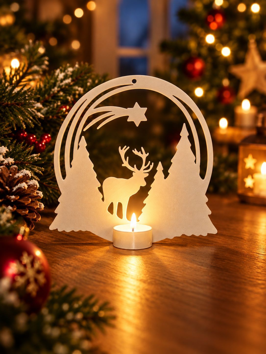 Weihnachtsdeko – Rentier mit Bäumen & Stern – 3D‑Druck – Teelichthalter – mehrere Farben