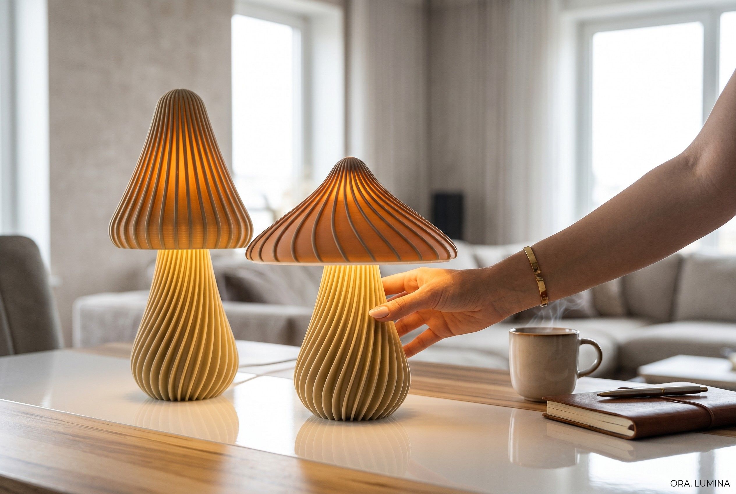 Retro Lampe - Pilz Tischlampe - Nachttischlampe - Minimalistische Wohndekoration - Beige – 3D gedrucktes Kunst & Design aus PLA