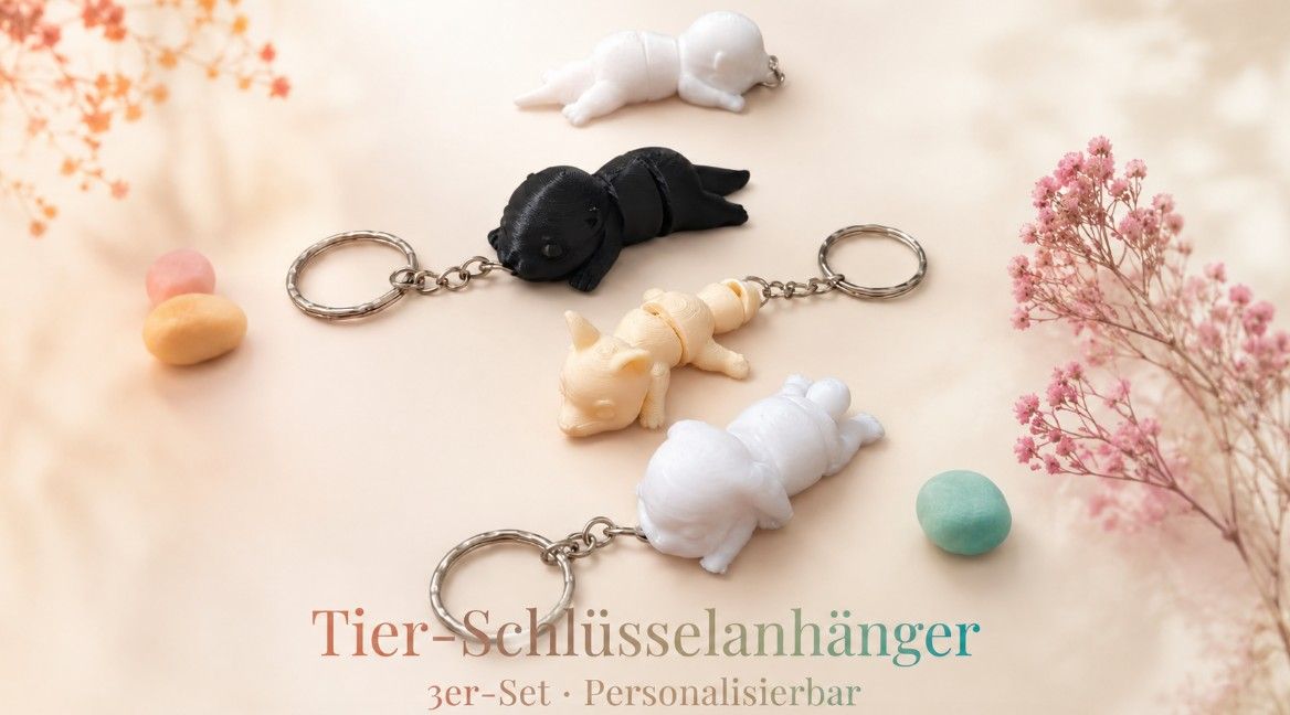 Süßer Tier-Schlüsselanhänger 3er-Set | Otter, Hase, Dino, Fuchs | Flexibel beweglich