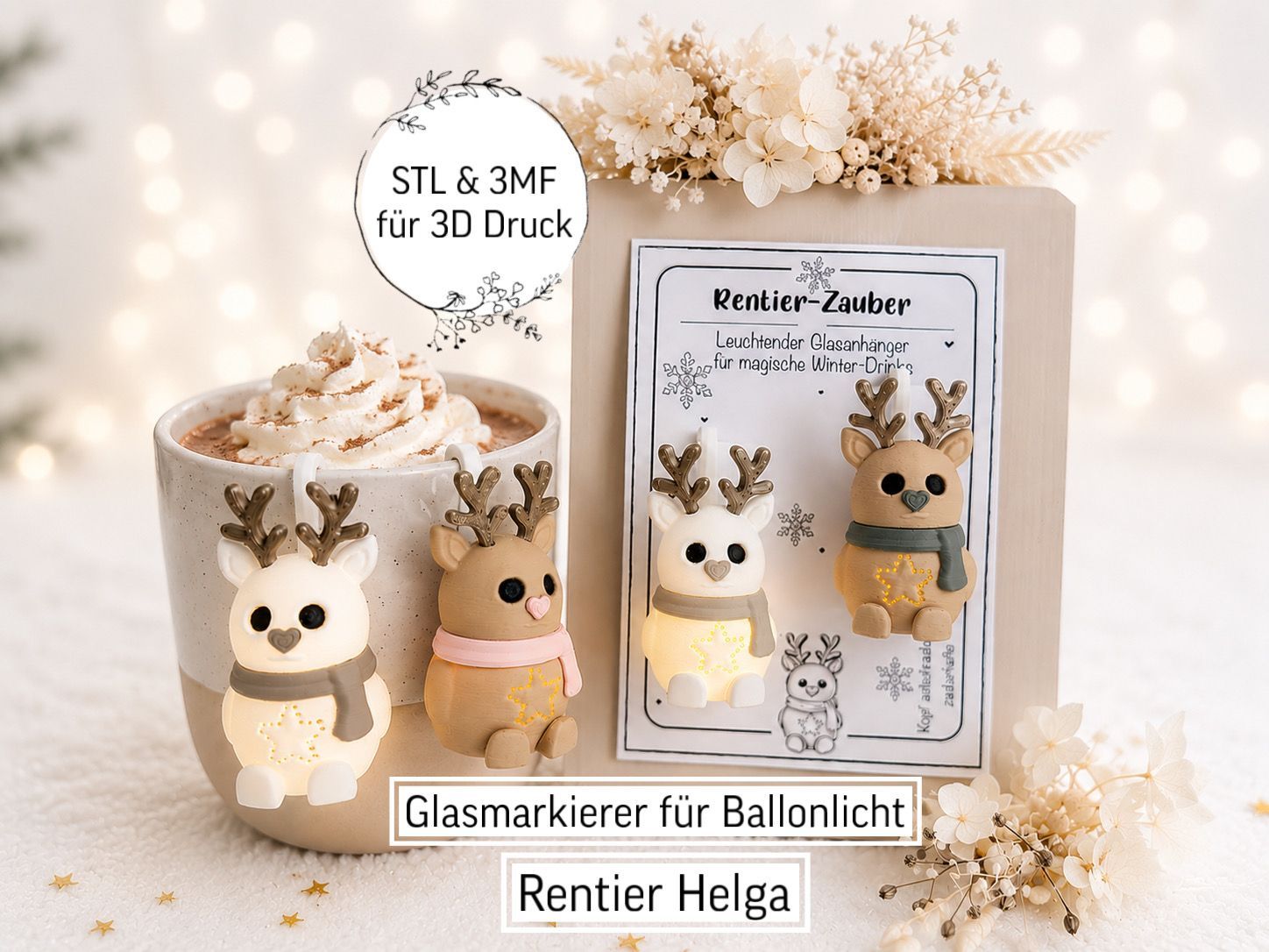 Leuchtendes Rentier Helga | Glasmarkierer Tassenanhänger | Gastgeschenk Weihnachten Wichteln | Renti